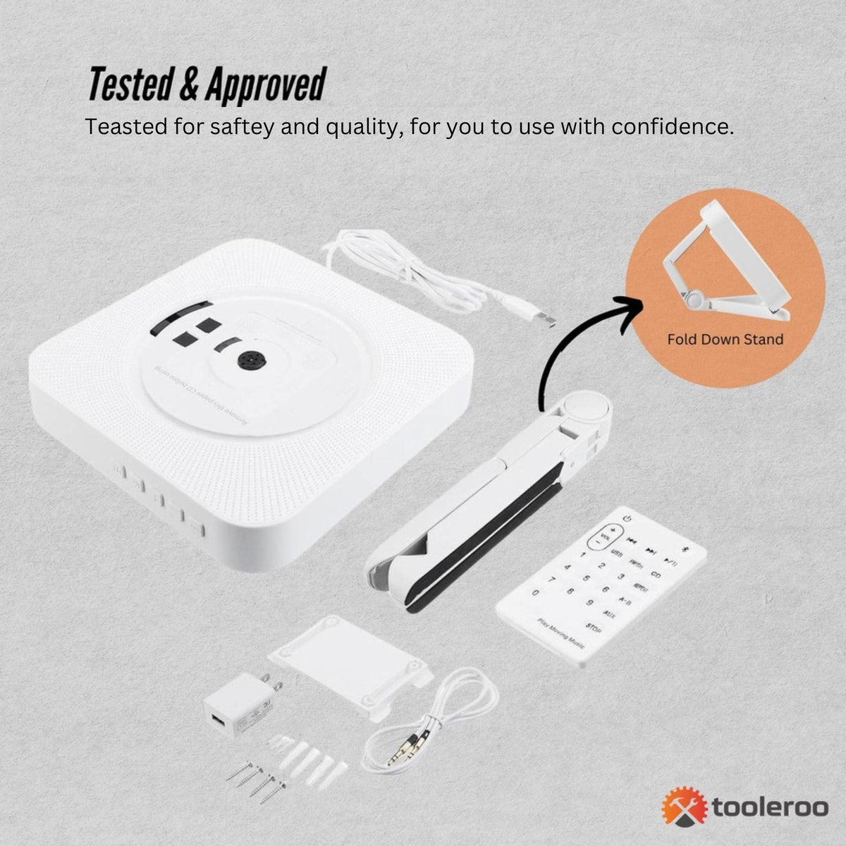 Tooleroo Wall Mountable CD Player Speaker - Bluetooth HiFi FM Radio White